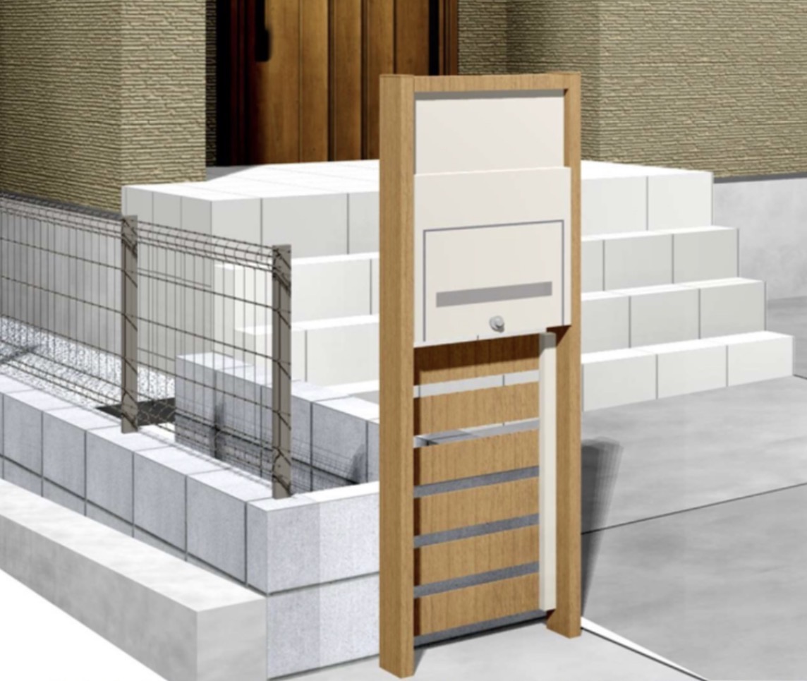 茶色いフレームにシルバーのポストがついた機能門柱