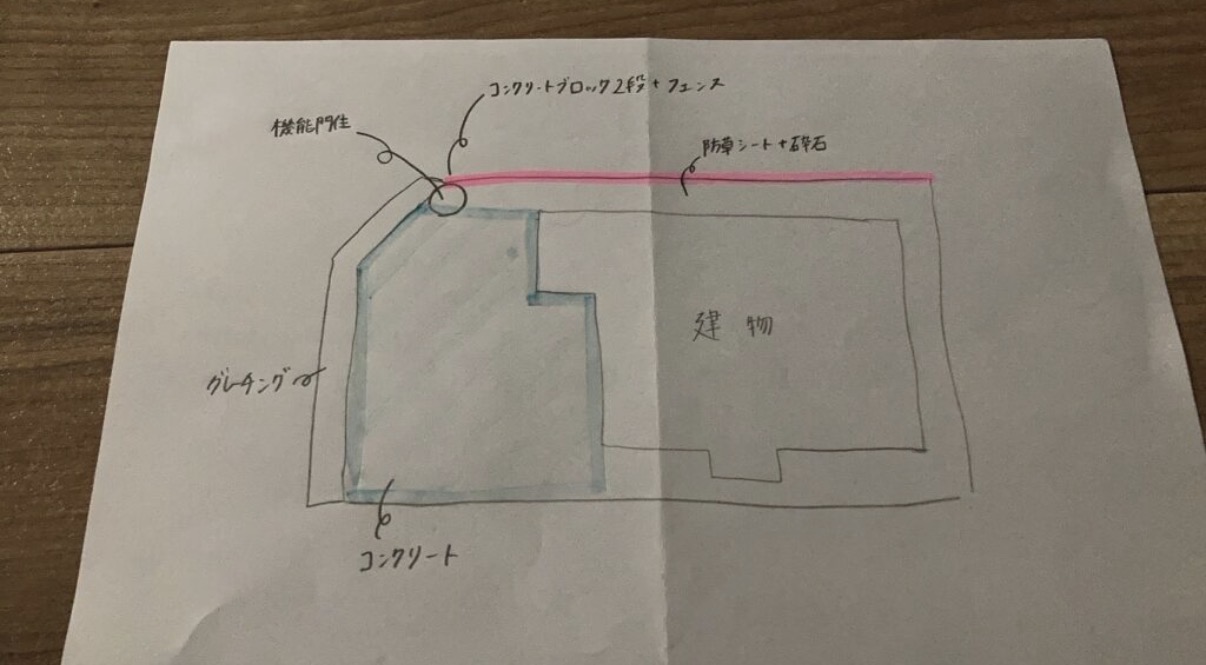 紙に建物やコンクリートの範囲を記載