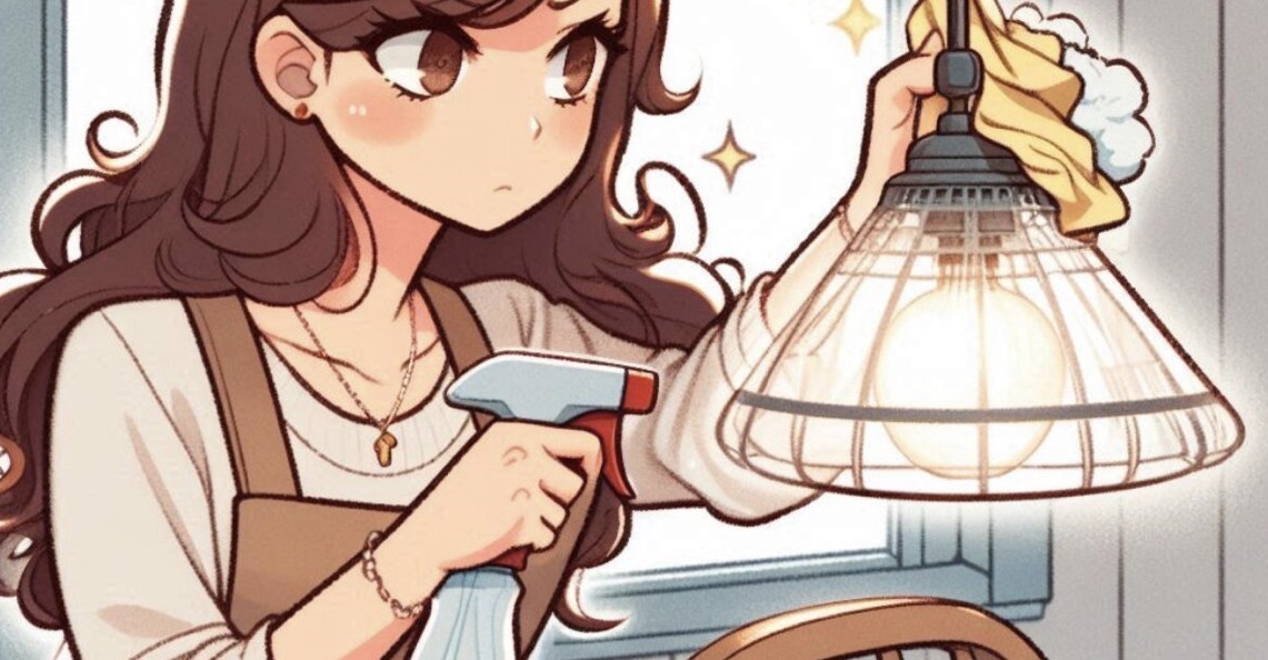 煩わしそうにペンダントライトの傘を掃除するイラスト。
